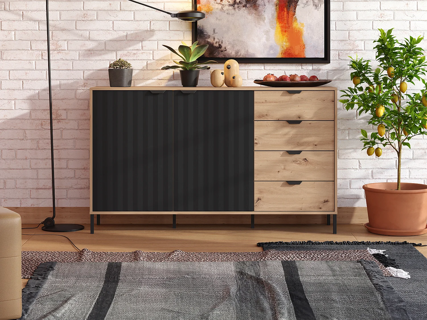 Buffet avec 2 portes et 4 tiroirs - Naturel et noir - MEVIELA