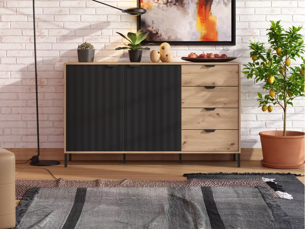 Kauf Unique Sideboard mit 2 Türen & 4 Schubladen - Holzfarben & Schwarz - MEVIELA