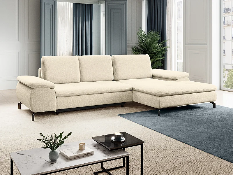 Canapé d'angle droit convertible en tissu texturé beige ARCHIBALD