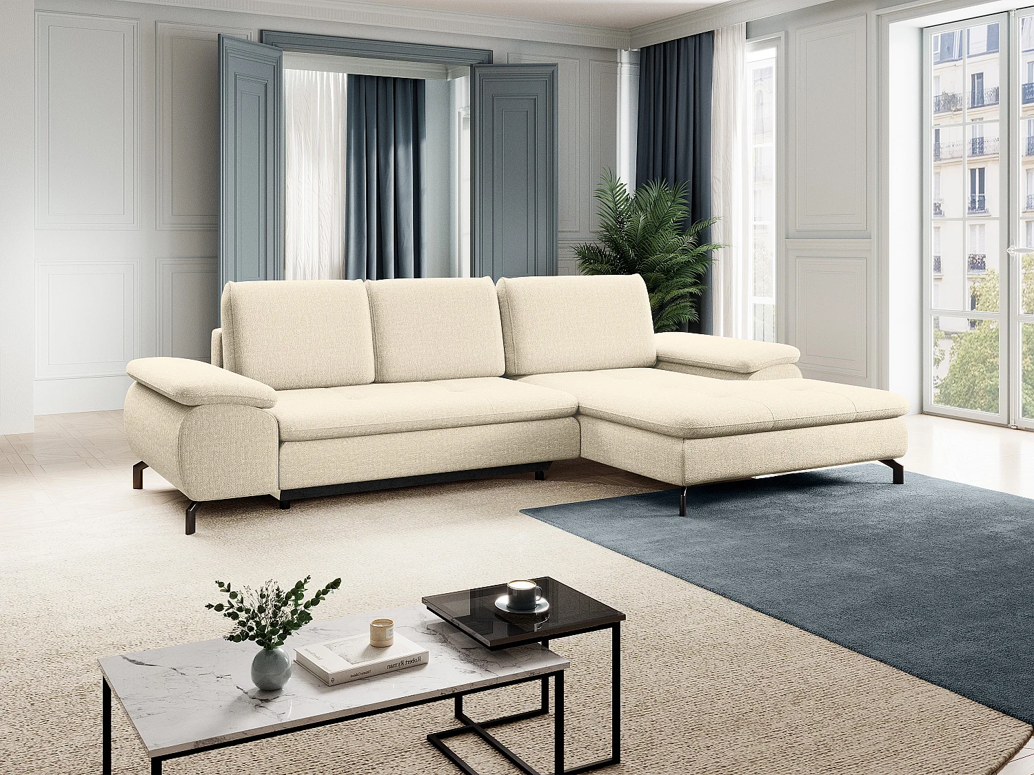 Canapé d'angle droit convertible en tissu texturé beige ARCHIBALD