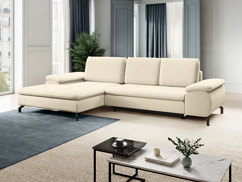 Canapé d'angle gauche convertible en tissu texturé beige ARCHIBALD