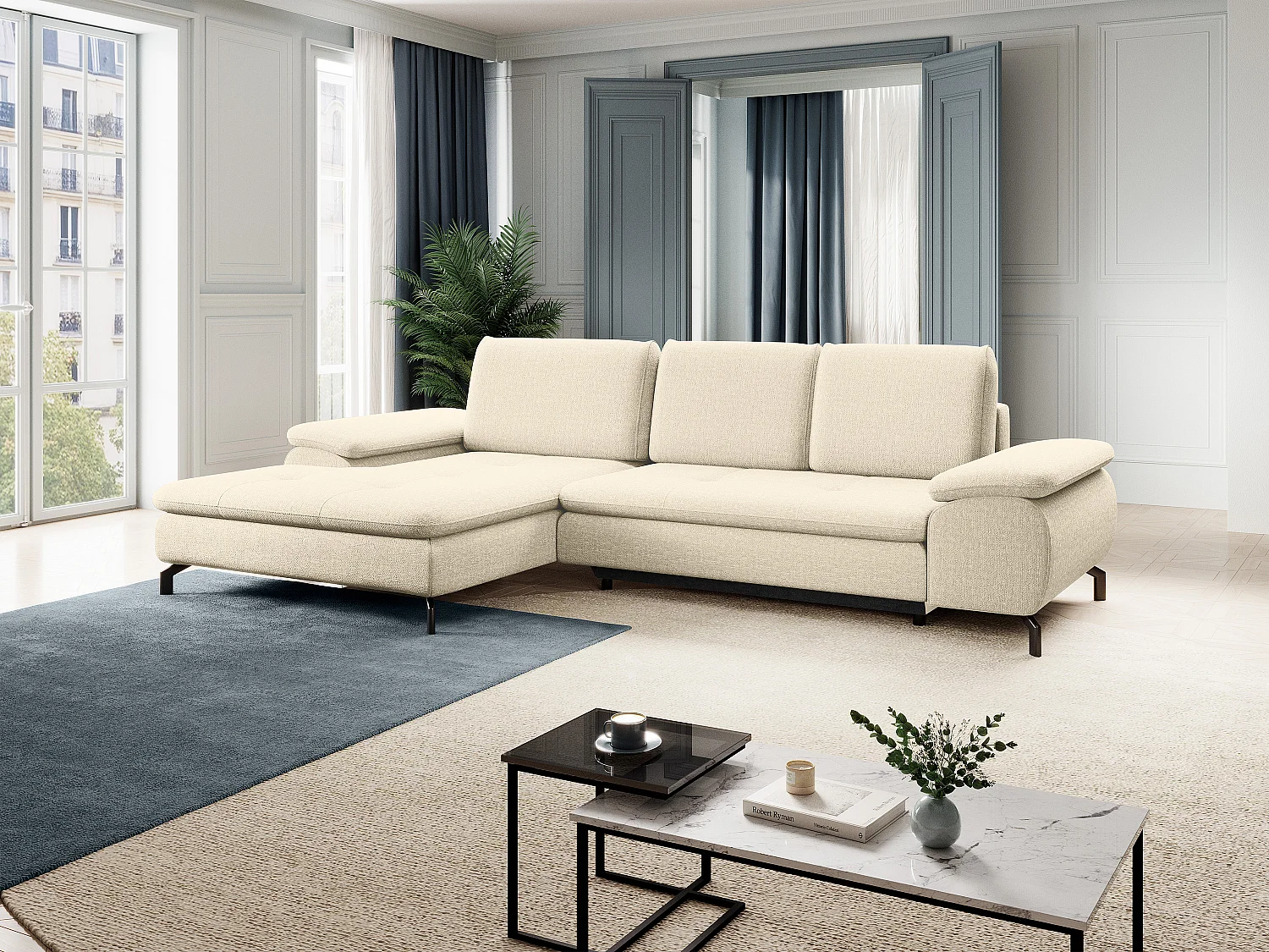 Canapé d'angle gauche convertible en tissu texturé beige ARCHIBALD