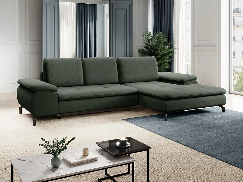 Canapé d'angle droit convertible en tissu texturé vert ARCHIBALD