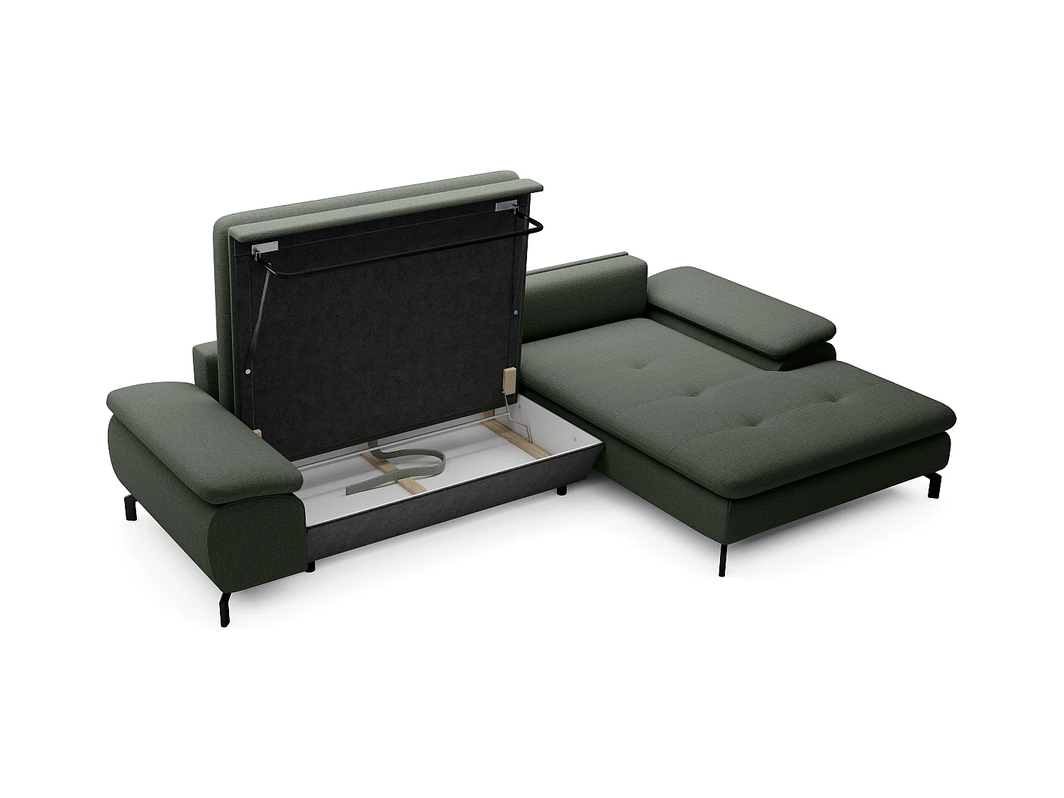Hoekslaapbank met hoek rechts van groene stof met textuur ARCHIBALD