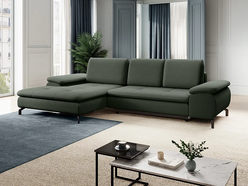 Canapé d'angle gauche convertible en tissu texturé vert ARCHIBALD