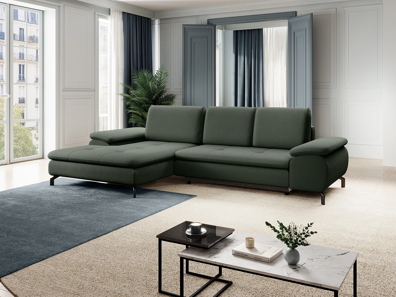 Canapé d'angle gauche convertible en tissu texturé vert ARCHIBALD
