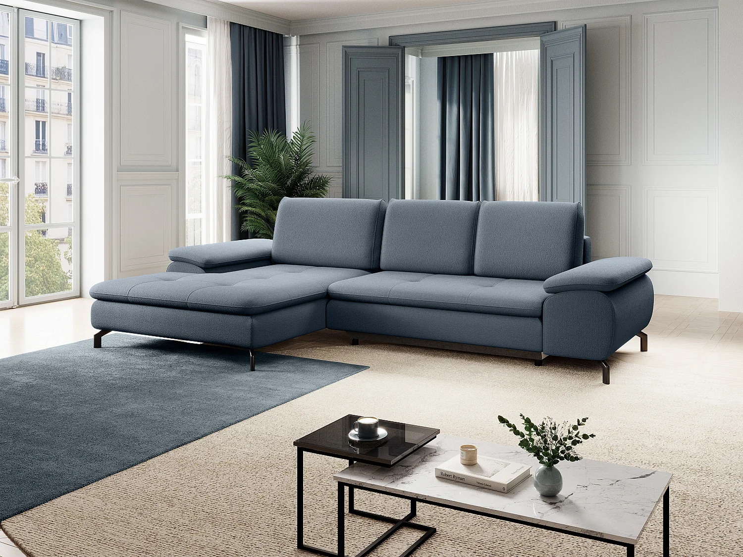 Ecksofa mit Schlaffunktion - Ecke links - Strukturstoff - Blau - ARCHIBALD
