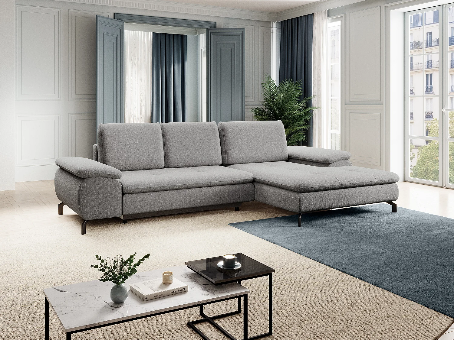 Ecksofa mit Schlaffunktion - Ecke rechts - Strukturstoff - Grau - ARCHIBALD