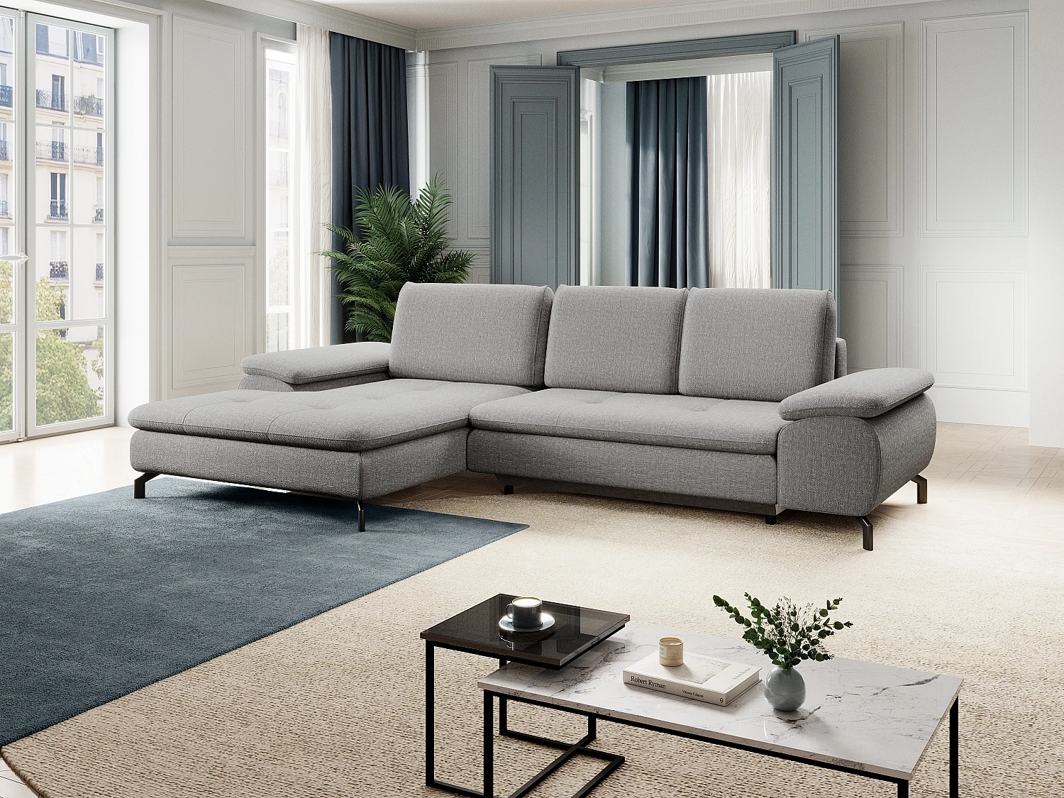 Sofá rinconera izquierda de tela texturizada gris ARCHIBALD