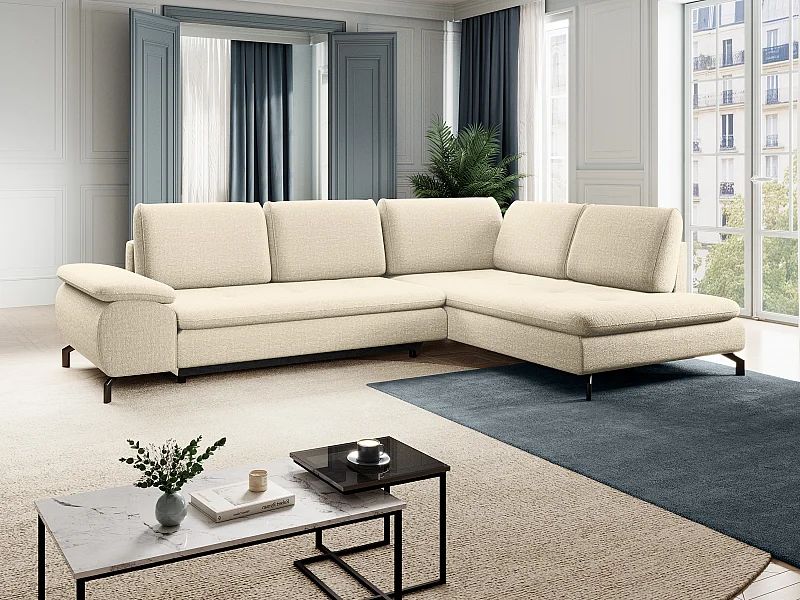 Grand canapé d'angle droit convertible en tissu texturé beige ARCHIBALD