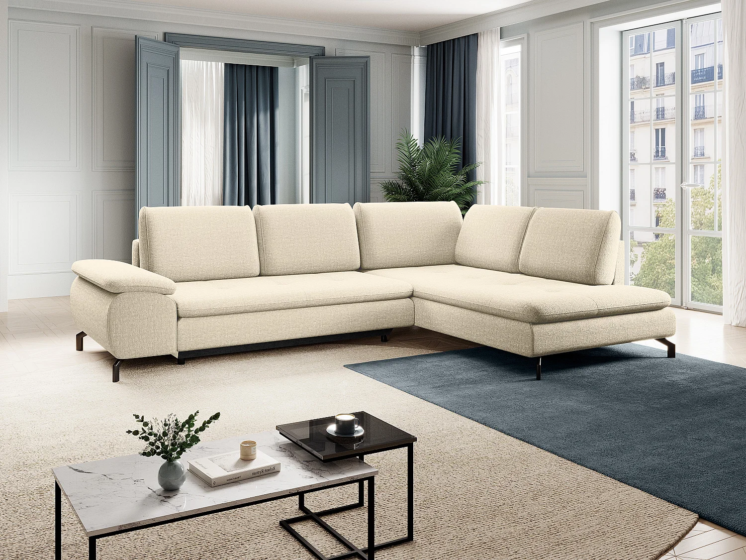 Grand canapé d'angle droit convertible en tissu texturé beige ARCHIBALD