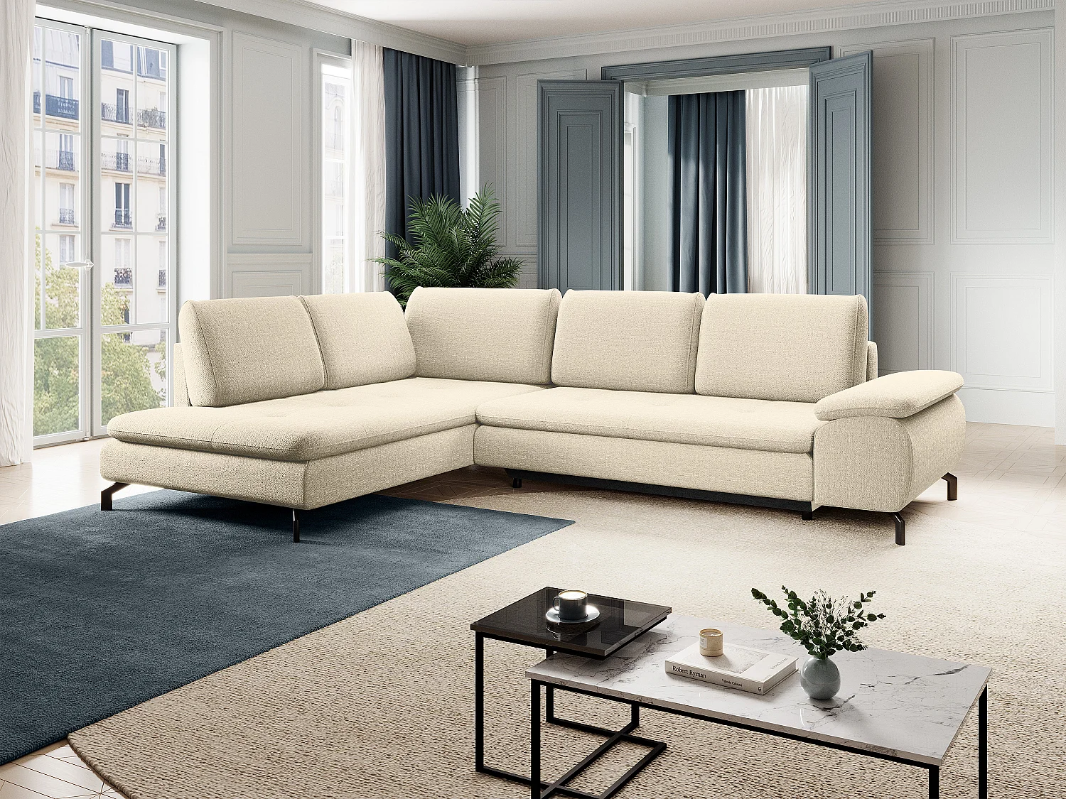 Großes Ecksofa mit Schlaffunktion - Ecke links - Strukturstoff - Beige - ARCHIBALD
