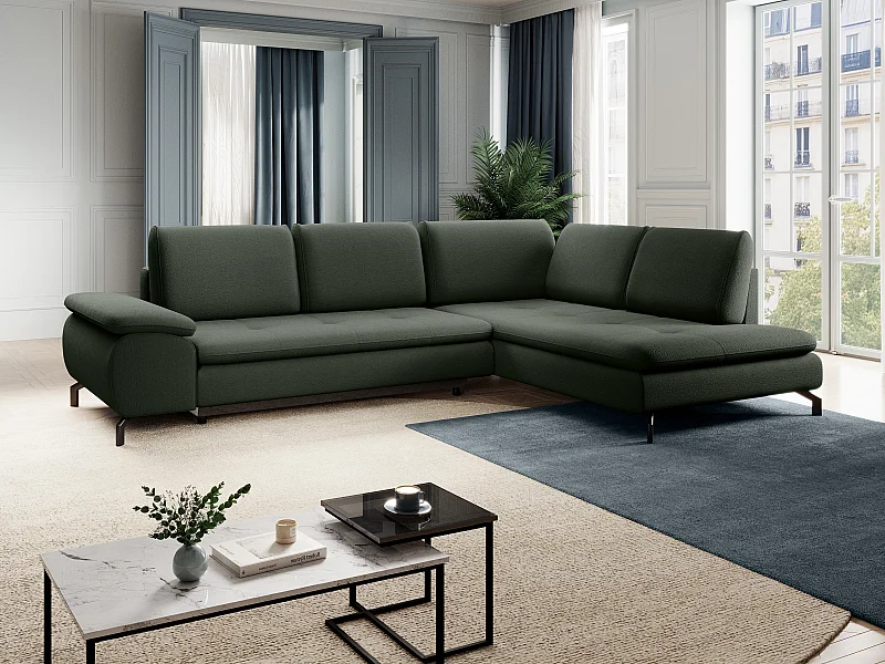 Grand canapé d'angle droit convertible en tissu texturé vert ARCHIBALD
