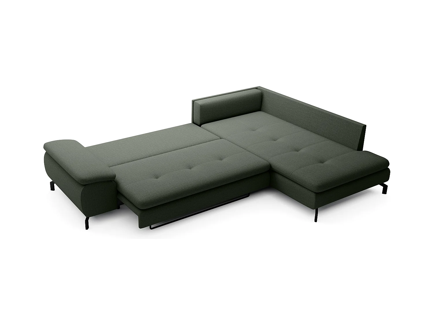 Grand canapé d'angle droit convertible en tissu texturé vert ARCHIBALD