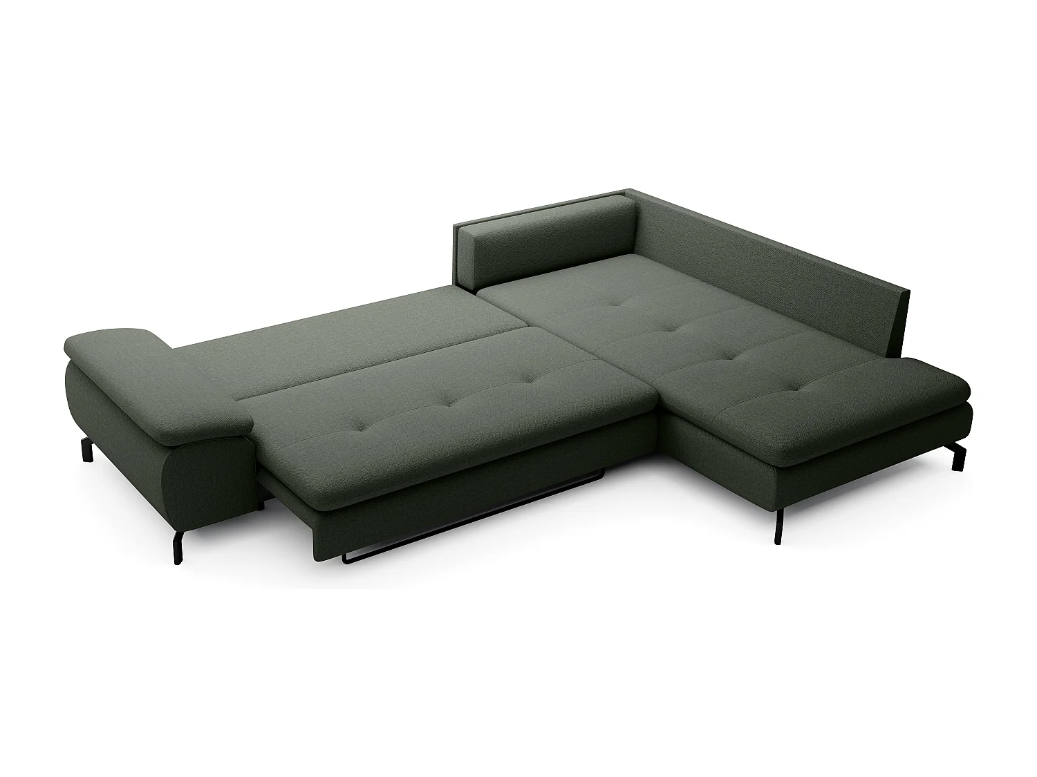 Grand canapé d'angle droit convertible en tissu texturé vert ARCHIBALD