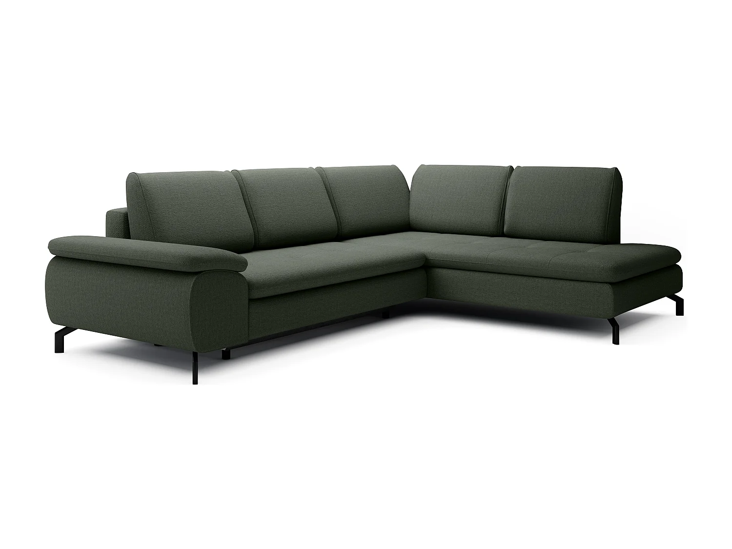 Grand canapé d'angle droit convertible en tissu texturé vert ARCHIBALD