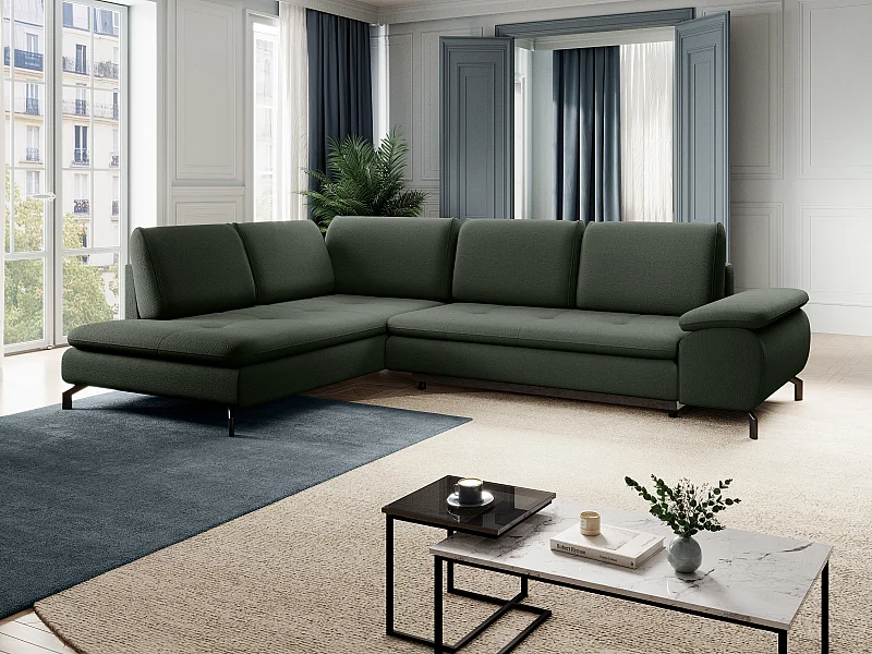 Kanapa narożna lewostronna rozkładana dużych rozmiarów z zieloną teksturowaną tapicerką - ARCHIBALD