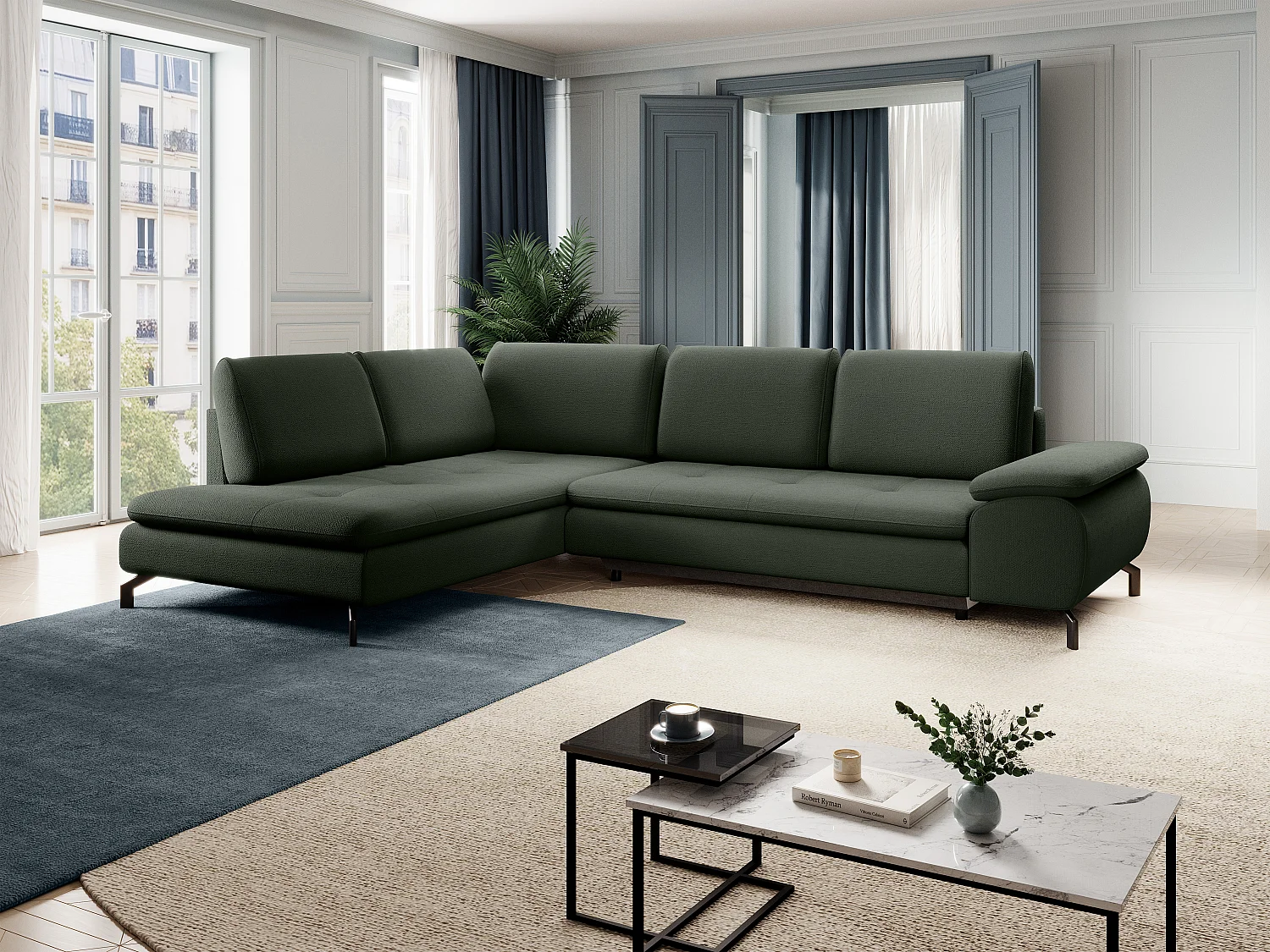 Grand canapé d'angle gauche convertible en tissu texturé vert ARCHIBALD