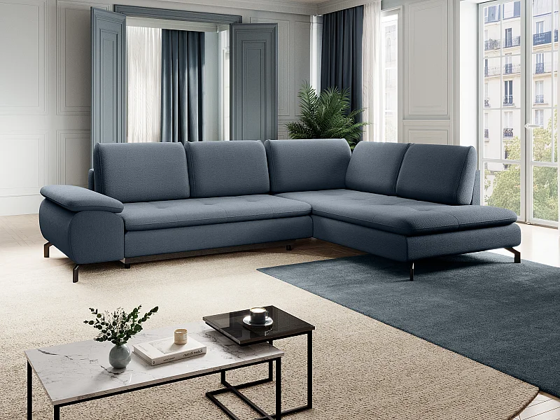 Kanapa narożna prawostronna rozkładana dużych rozmiarów z niebieską teksturowaną tapicerką - ARCHIBALD