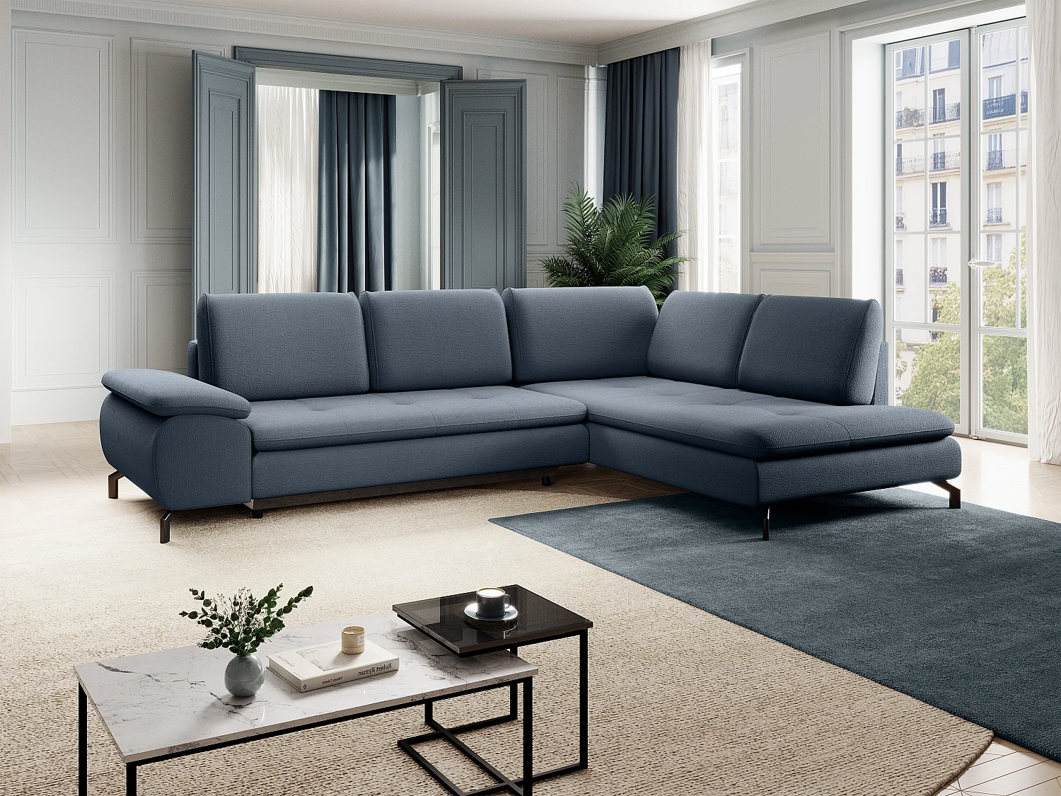 Großes Ecksofa mit Schlaffunktion - Ecke rechts - Strukturstoff - Blau - ARCHIBALD