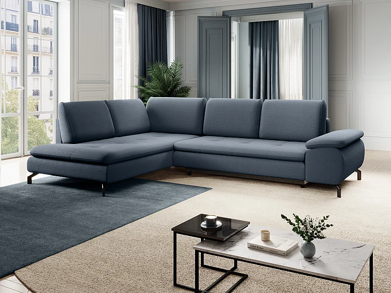 Großes Ecksofa mit Schlaffunktion - Ecke links - Strukturstoff - Blau - ARCHIBALD