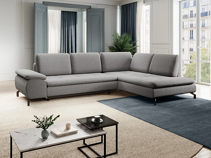 Grand canapé d'angle droit convertible en tissu texturé gris ARCHIBALD