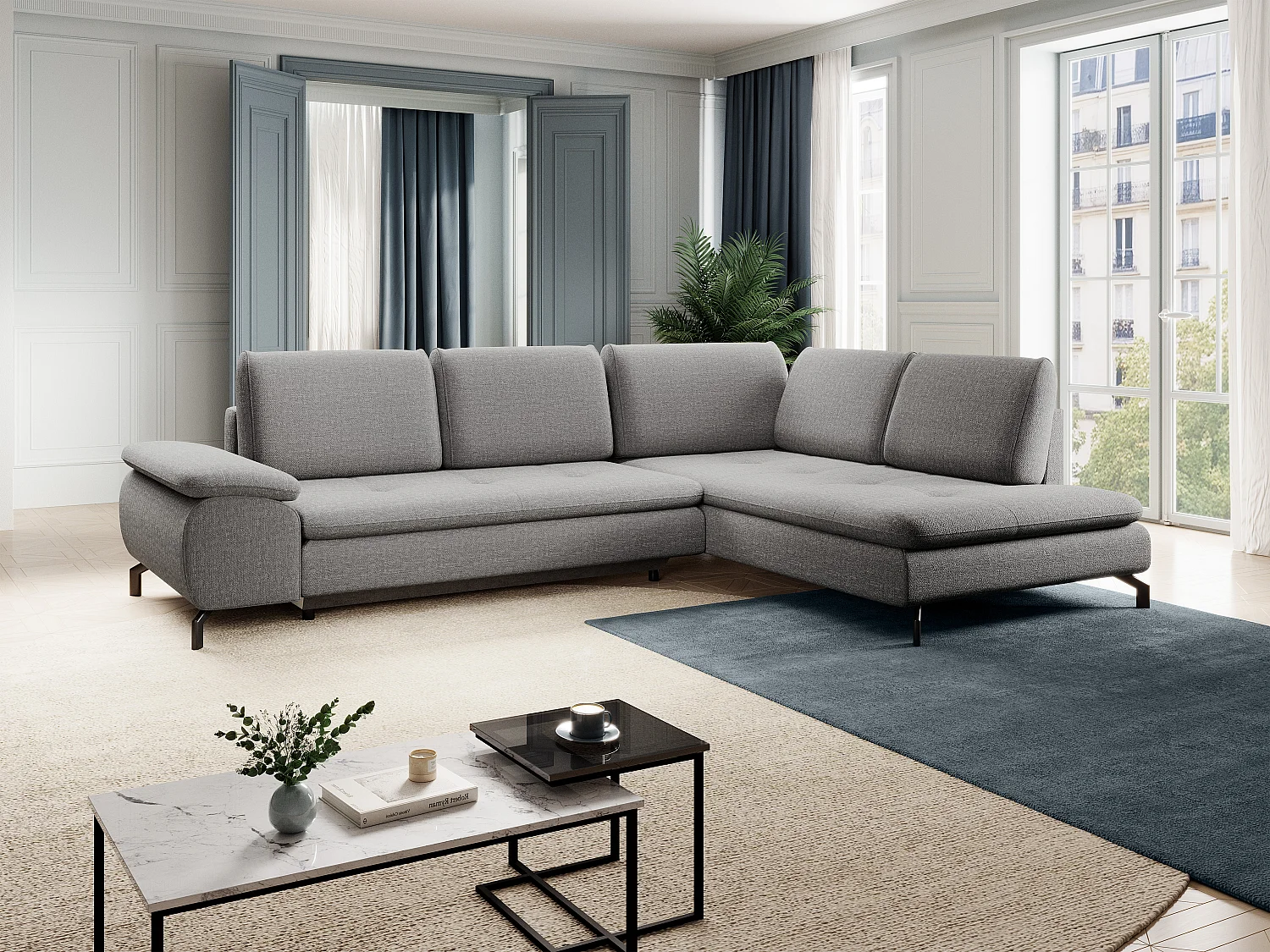 Grand canapé d'angle droit convertible en tissu texturé gris ARCHIBALD