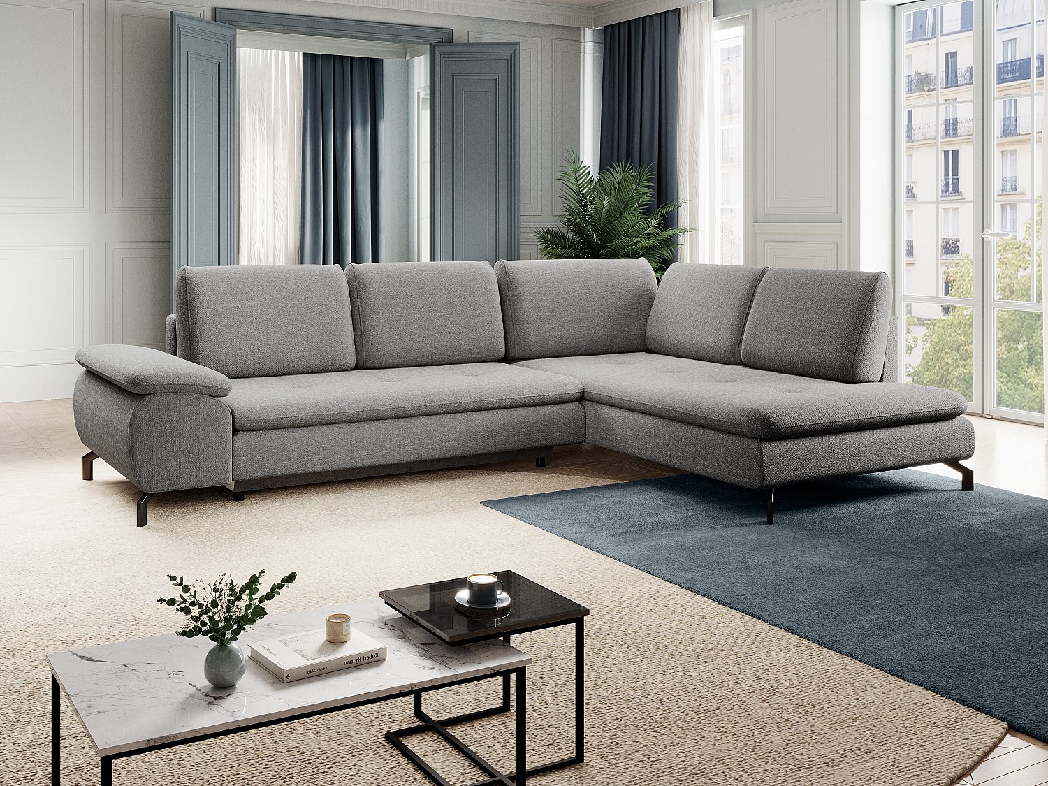 Grand canapé d'angle droit convertible en tissu texturé gris ARCHIBALD