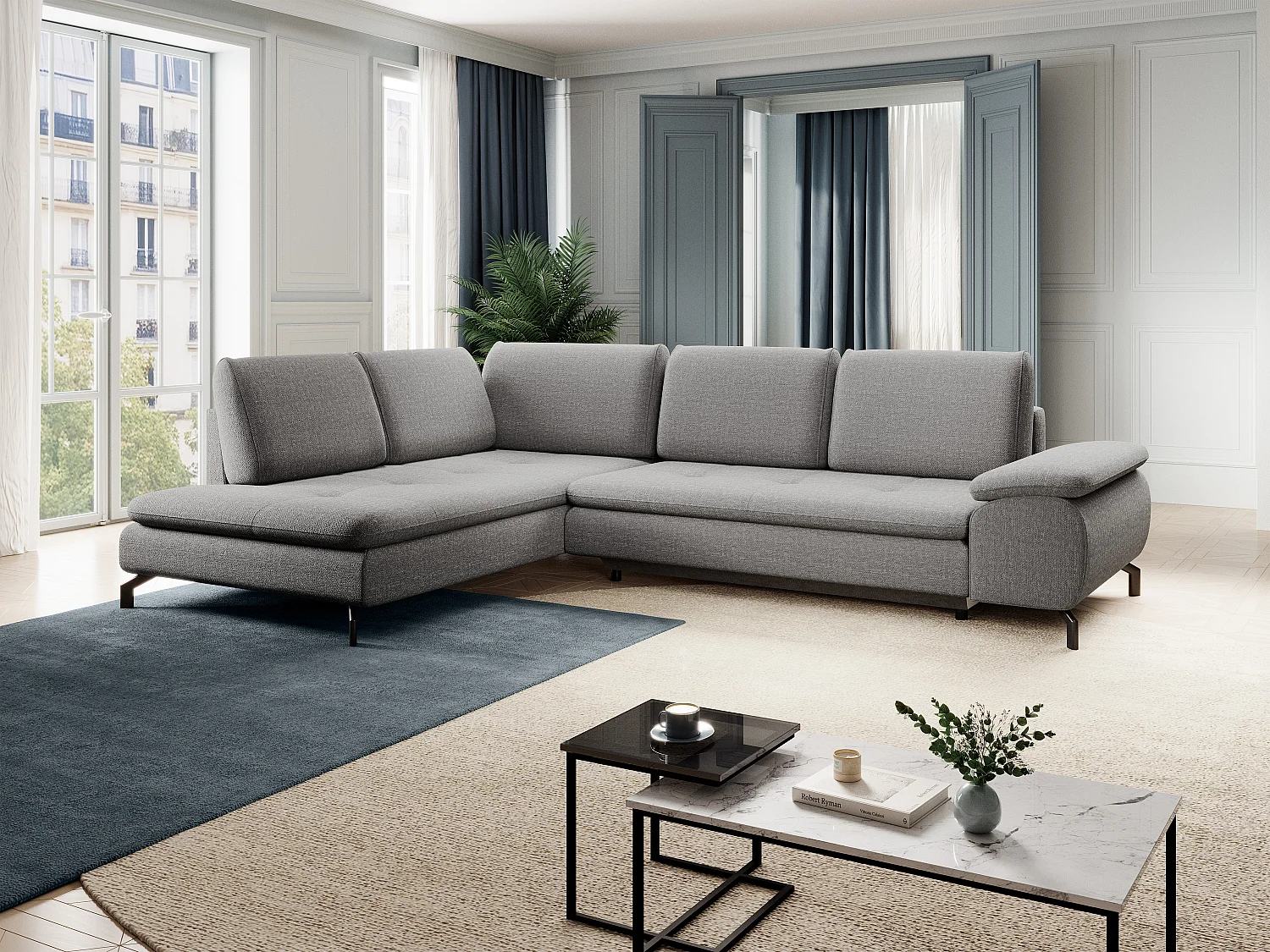 Grand canapé d'angle gauche convertible en tissu texturé gris ARCHIBALD