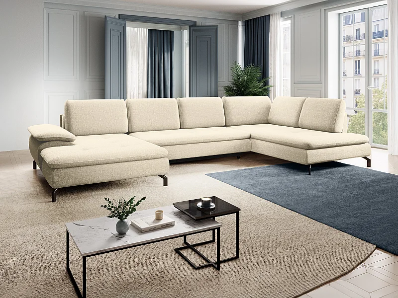 Grand canapé d'angle droit panoramique convertible en tissu texturé beige ARCHIBALD