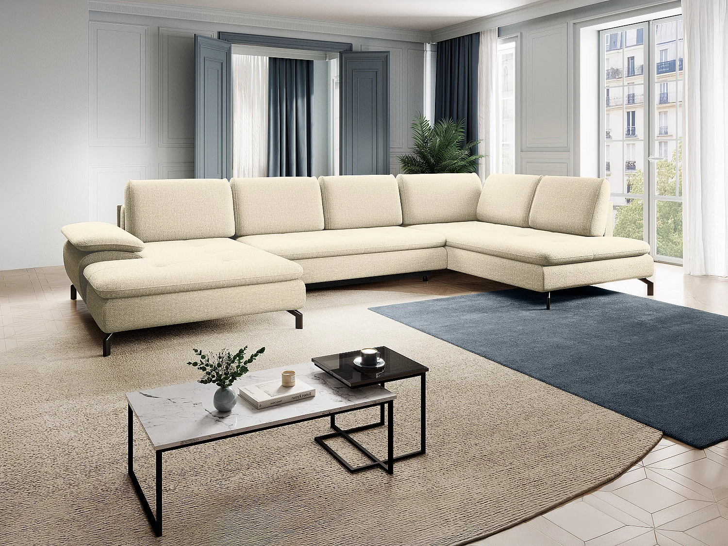 Grand canapé d'angle droit panoramique convertible en tissu texturé beige ARCHIBALD
