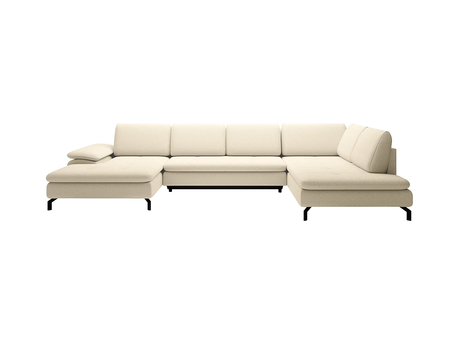 Grand canapé d'angle droit panoramique convertible en tissu texturé beige ARCHIBALD