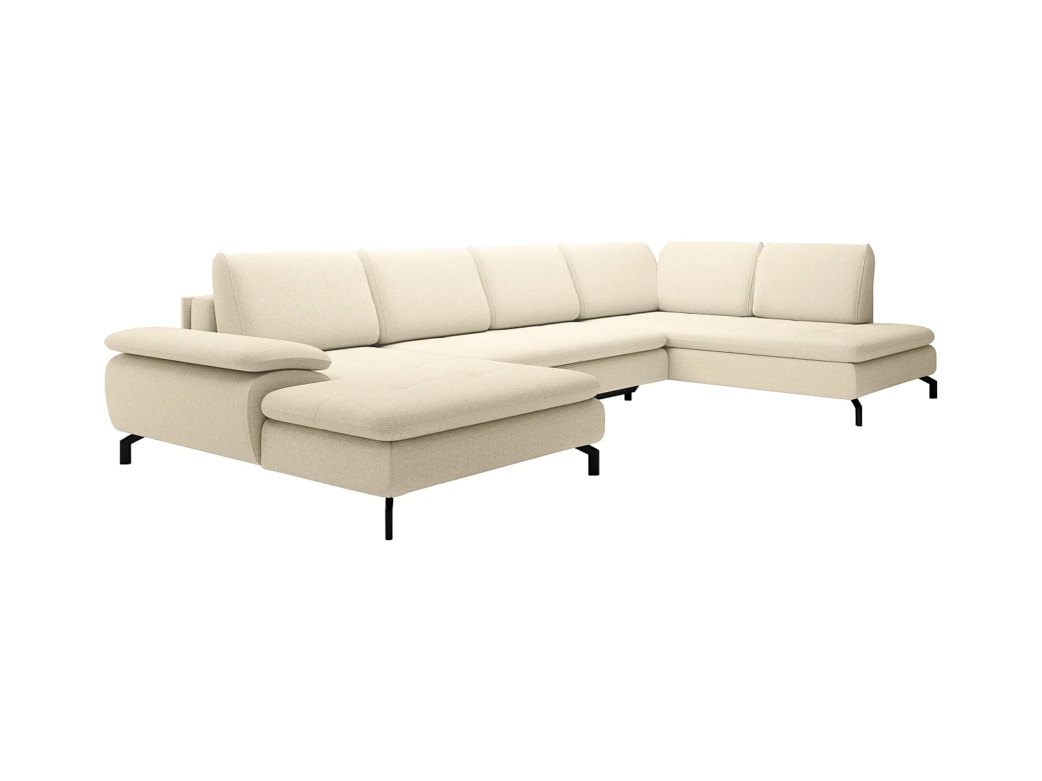 Grand canapé d'angle droit panoramique convertible en tissu texturé beige ARCHIBALD
