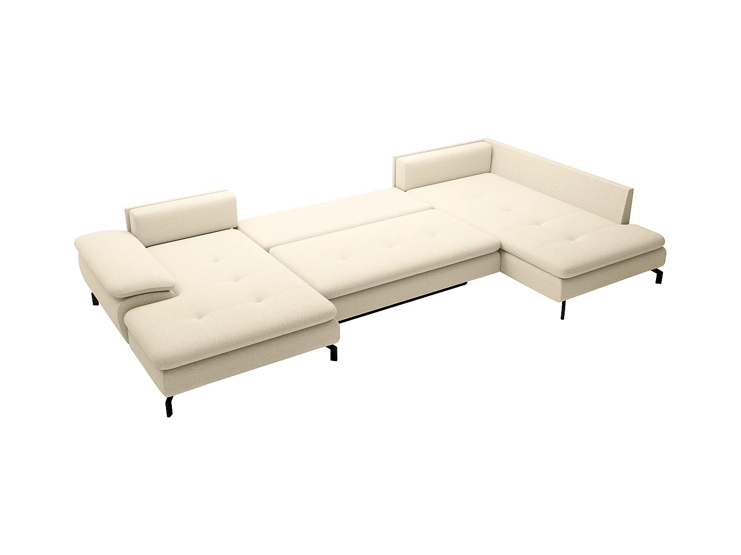 Grand canapé d'angle droit panoramique convertible en tissu texturé beige ARCHIBALD