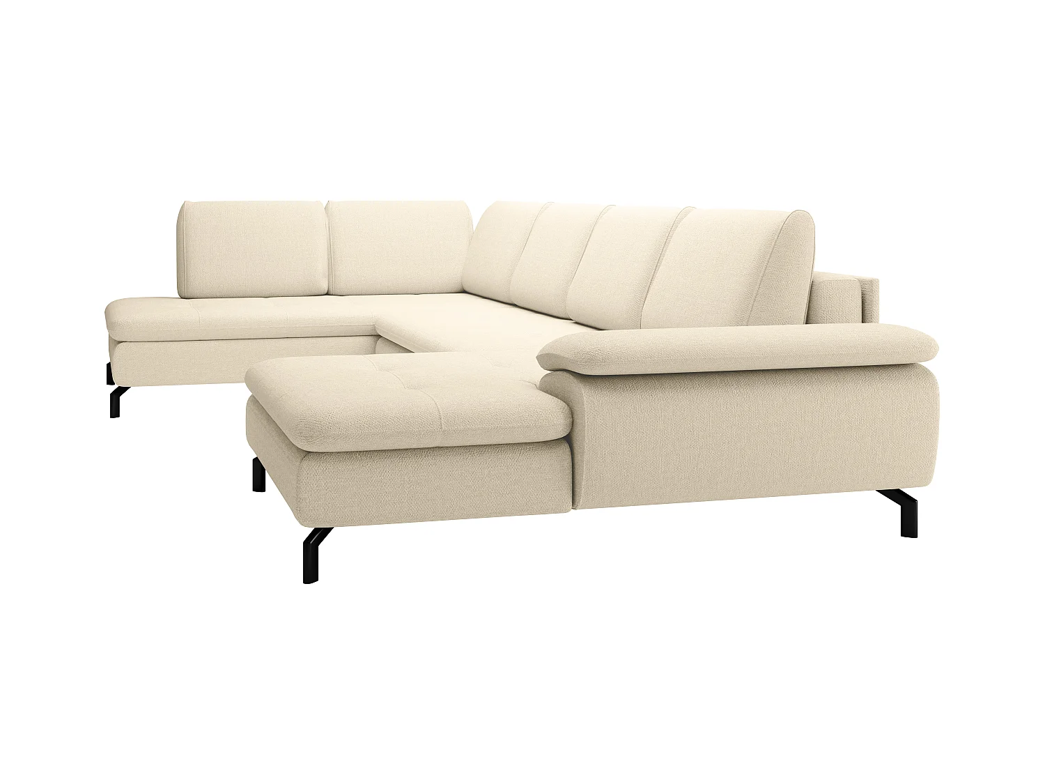 Grand canapé d'angle droit panoramique convertible en tissu texturé beige ARCHIBALD