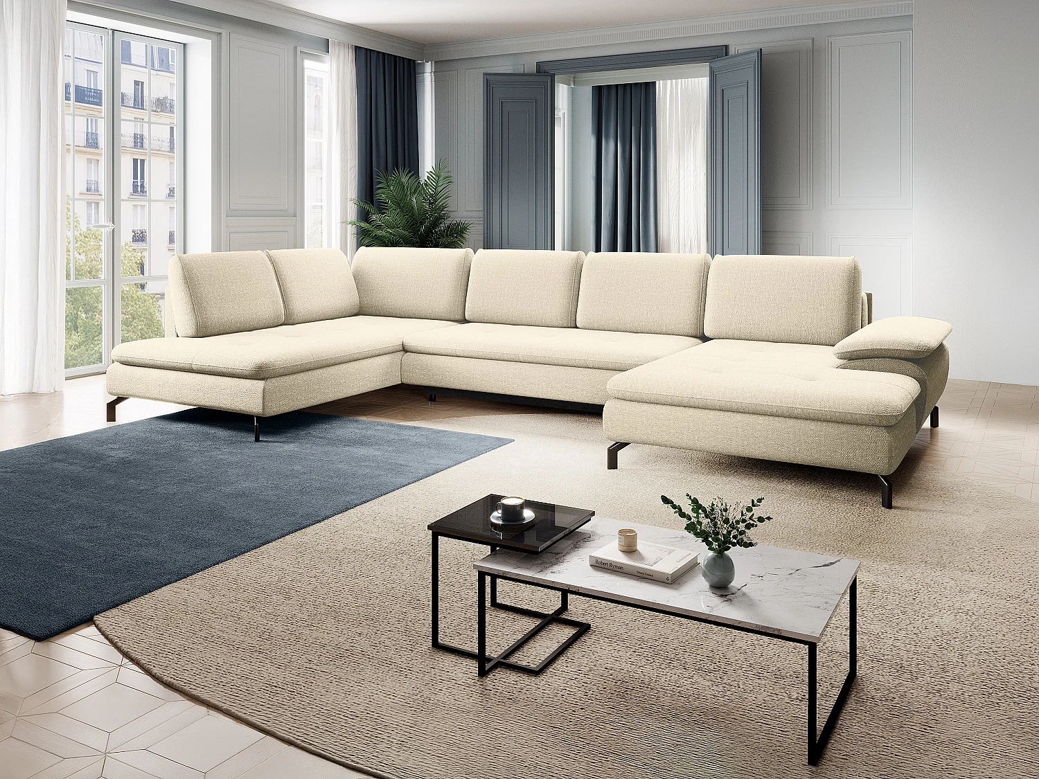 Grand canapé d'angle gauche panoramique convertible en tissu texturé beige ARCHIBALD