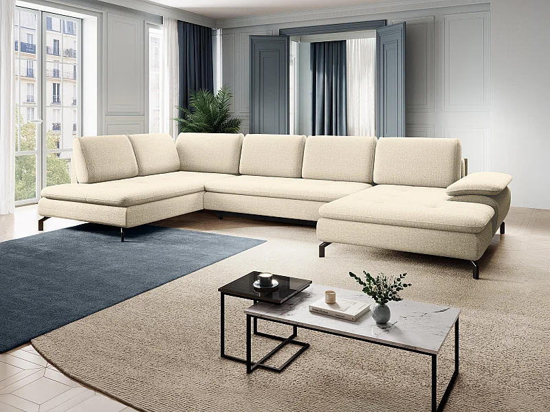 Stor venstrevendt panoramisk sovesofa i beige tekstureret stof ARCHIBALD