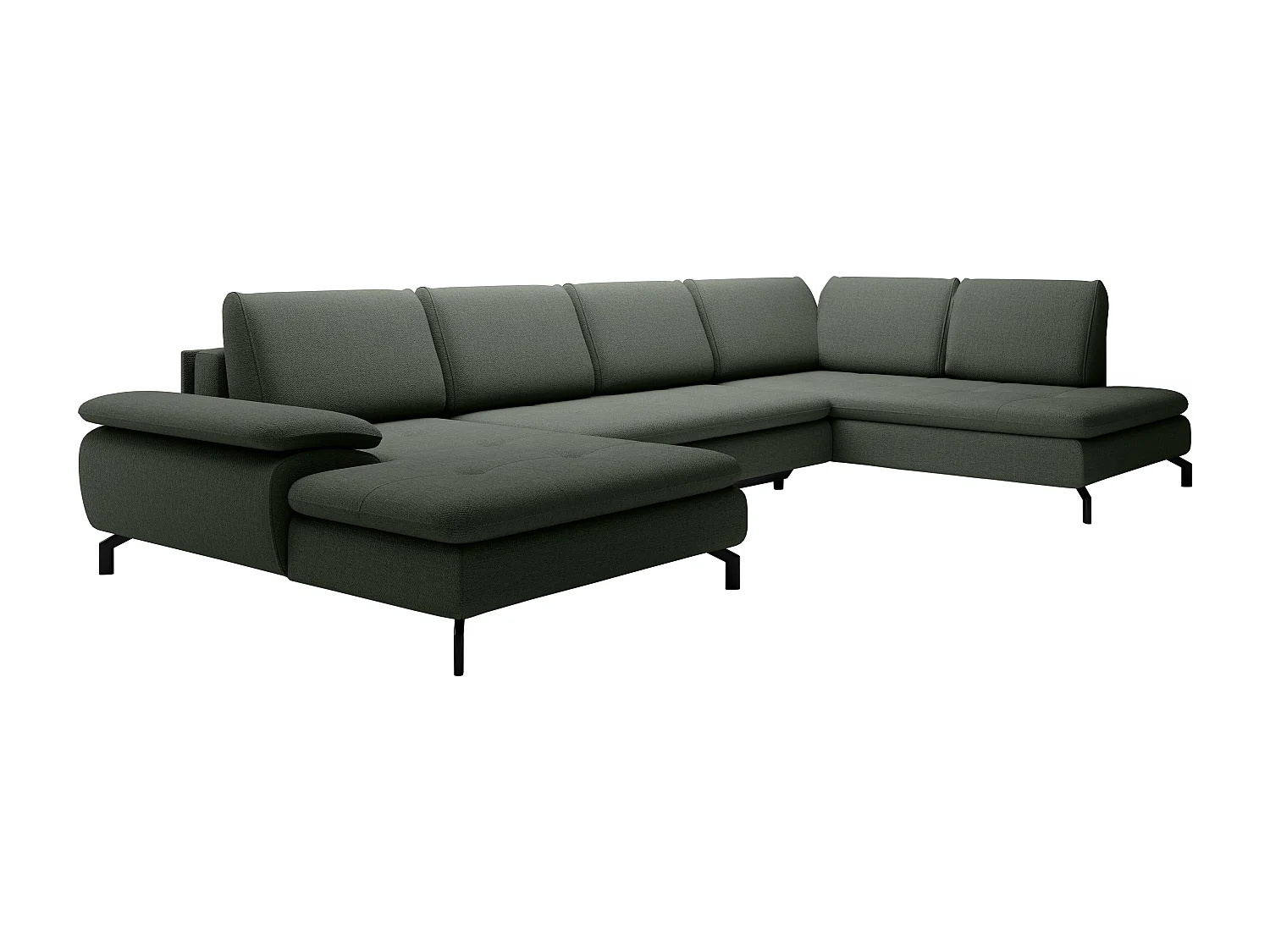 Grand canapé d'angle droit panoramique convertible en tissu texturé vert ARCHIBALD