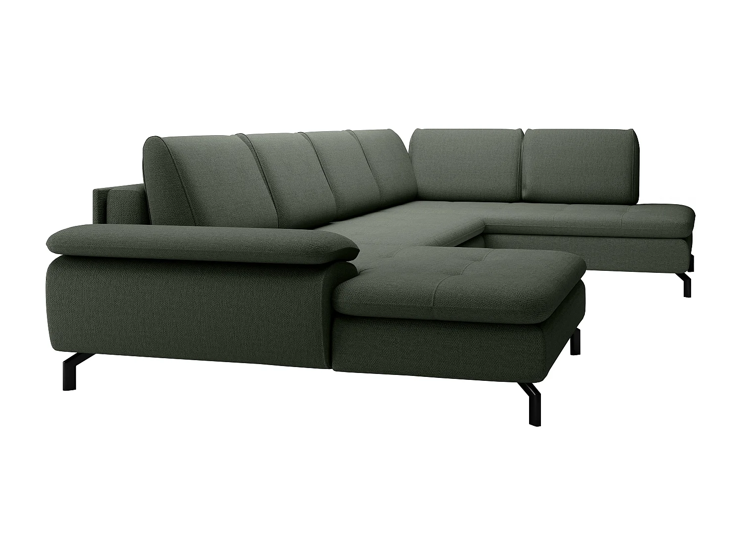 Grand canapé d'angle droit panoramique convertible en tissu texturé vert ARCHIBALD
