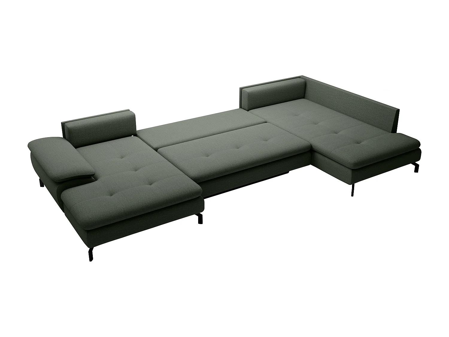 Grand canapé d'angle droit panoramique convertible en tissu texturé vert ARCHIBALD