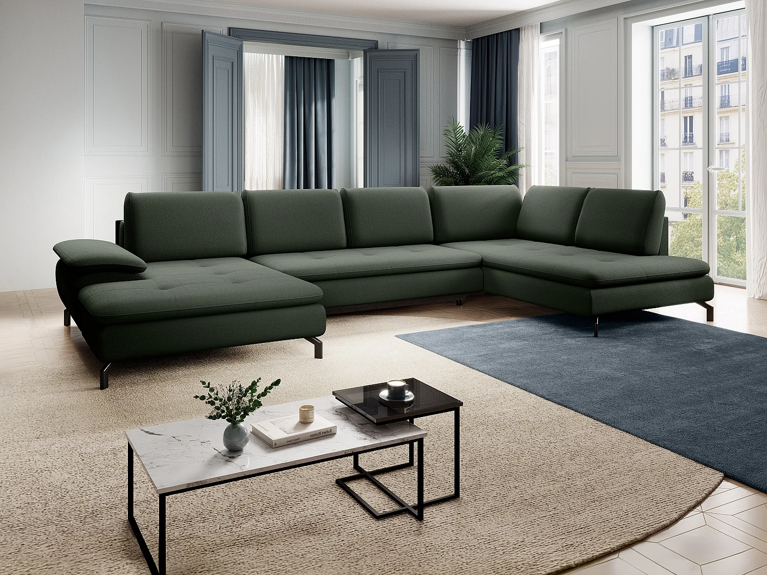 Grand canapé d'angle droit panoramique convertible en tissu texturé vert ARCHIBALD