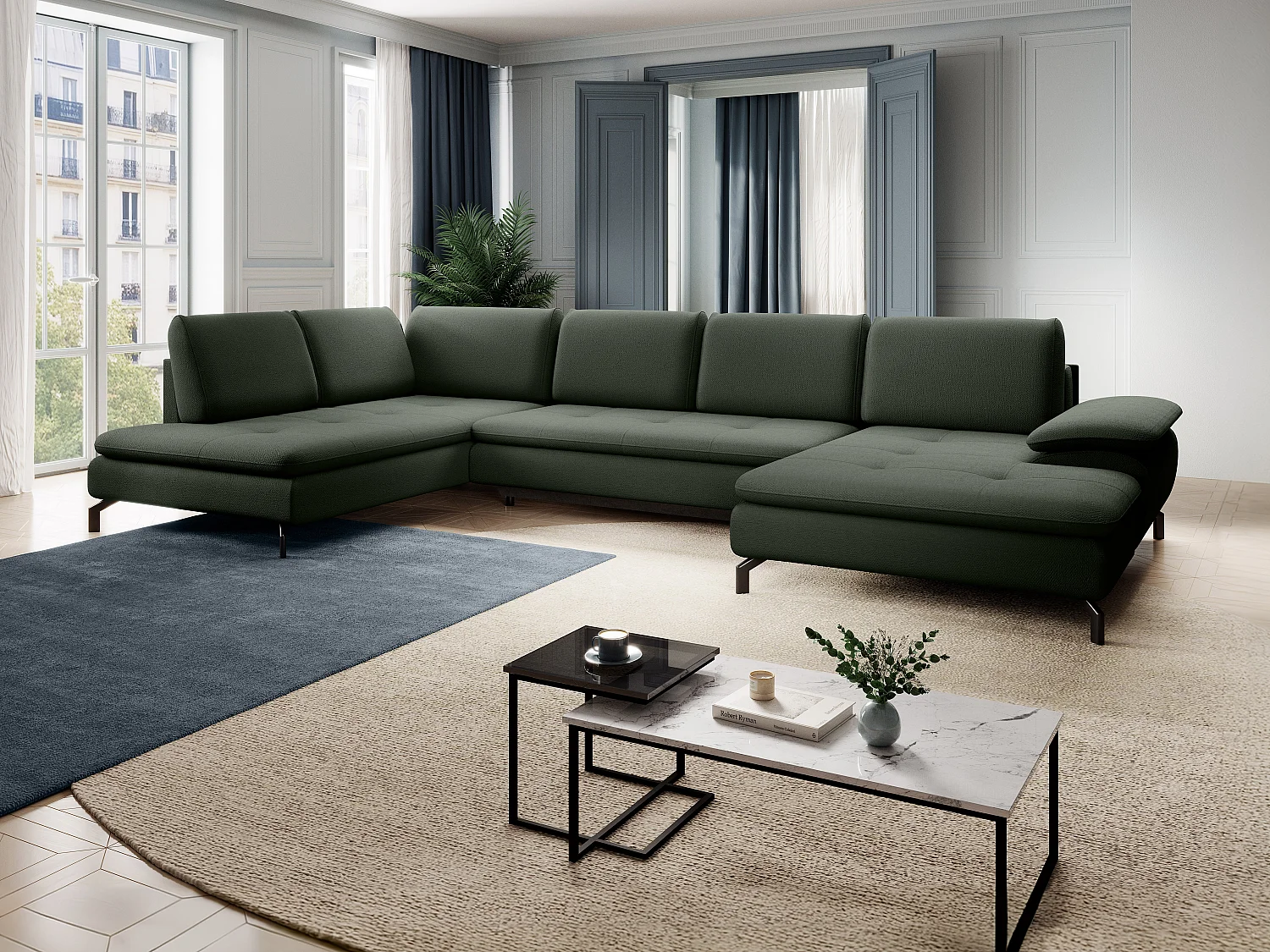 Stor hjørnesofa højre panorama sofa med chaiselong i tekstureret grønt stof ARCHIBALD