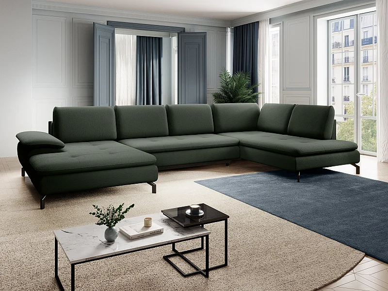 Stor hjørnesofa højre panorama sofa med chaiselong i tekstureret grønt stof ARCHIBALD