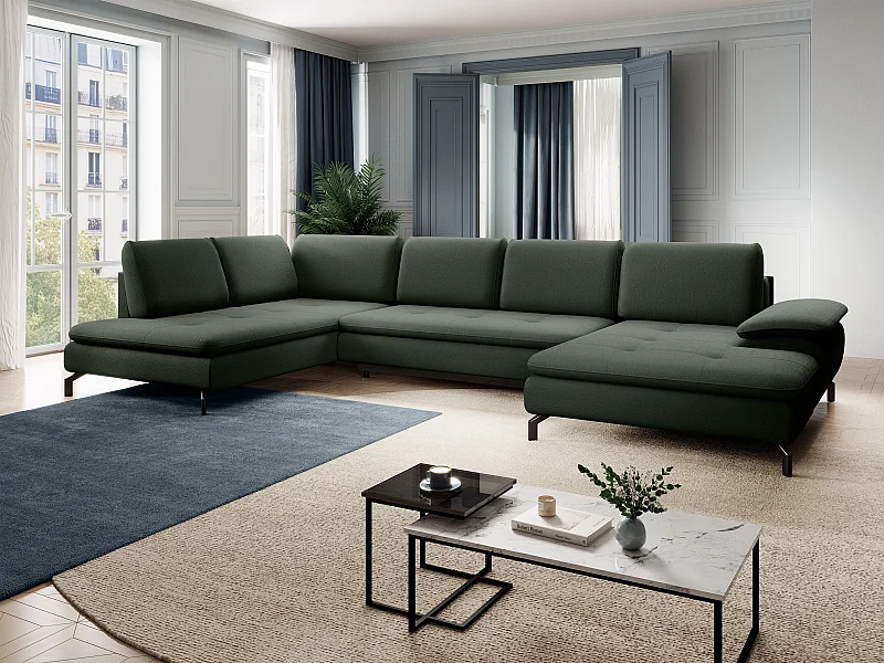 Grote panoramische hoekslaapbank met hoek links van groene stof met textuur ARCHIBALD