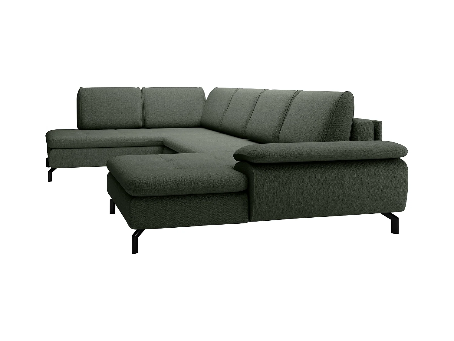 Kanapa narożna lewostronna dużych rozmiarów wieloosobowa rozkładana z zieloną teksturowaną tapicerką - ARCHIBALD