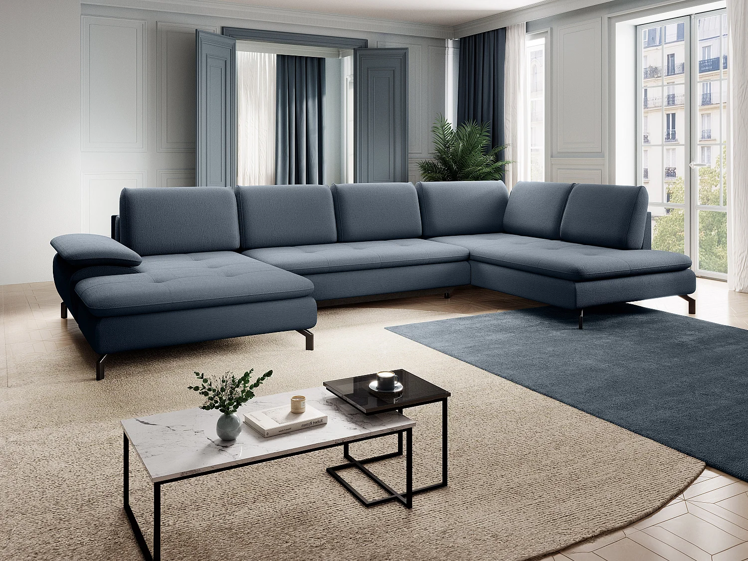 Grand canapé d'angle droit panoramique convertible en tissu texturé bleu ARCHIBALD