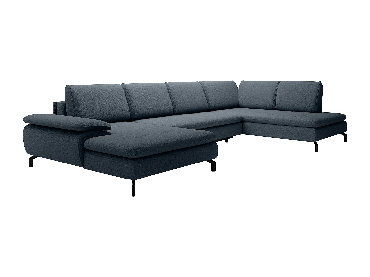 Stor panoramisk højre hjørnesofa med chaiselong og sovefunktion i struktureret blåt stof ARCHIBALD