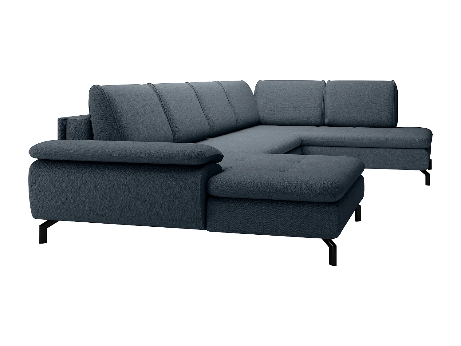 Stor panoramisk højre hjørnesofa med chaiselong og sovefunktion i struktureret blåt stof ARCHIBALD