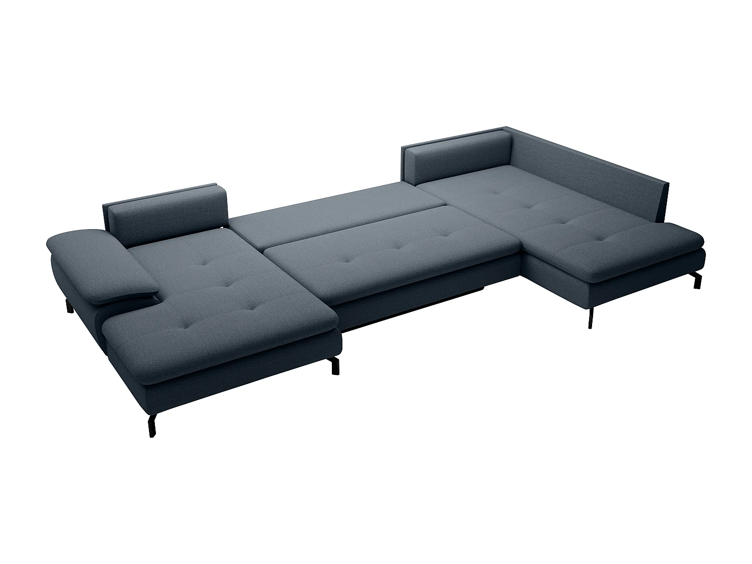 Stor panoramisk højre hjørnesofa med chaiselong og sovefunktion i struktureret blåt stof ARCHIBALD