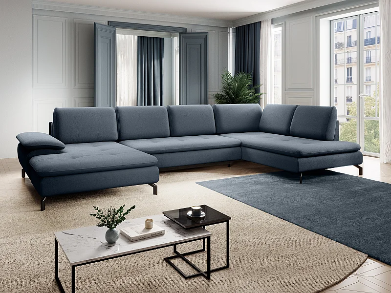 Stor panoramisk højre hjørnesofa med chaiselong og sovefunktion i struktureret blåt stof ARCHIBALD